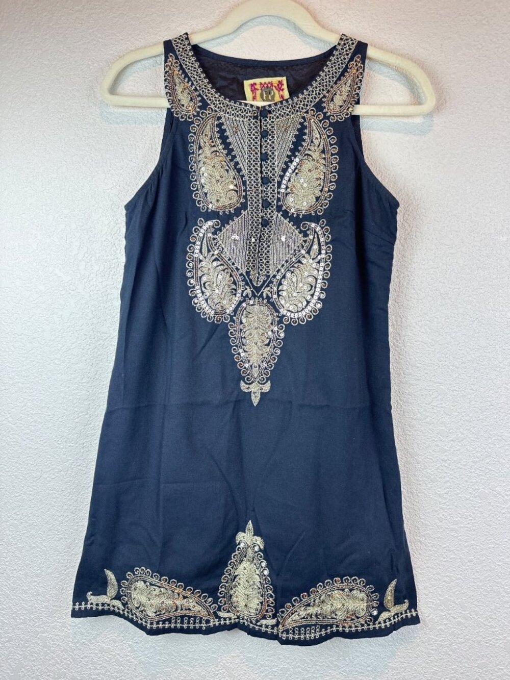 Free People Black Embroidered Sleeveless Tunic Dress Size 4 Boho Artsy - Picture 4 of 12